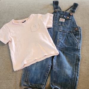Denim Overalls and Pink T-Shirt Set